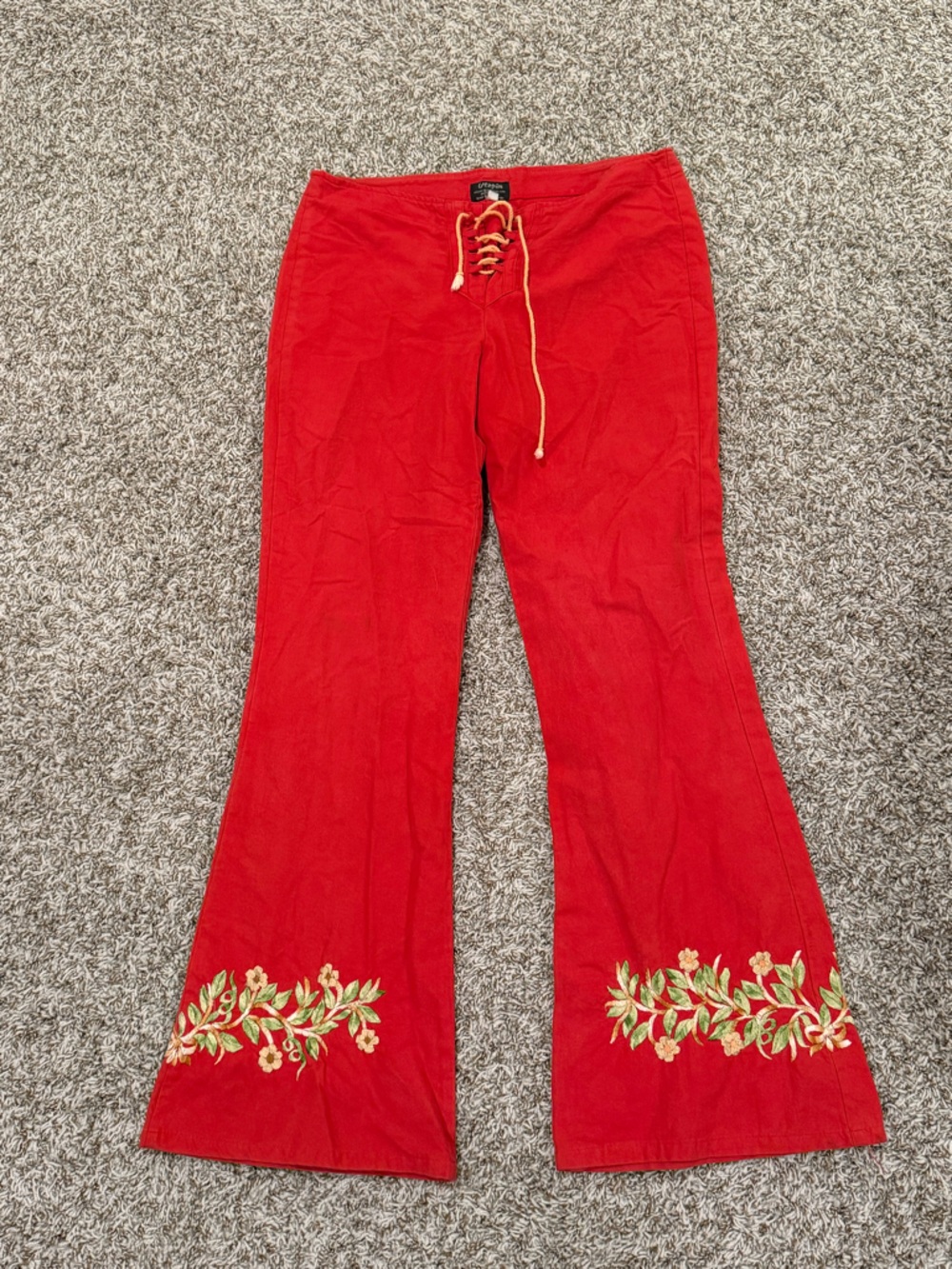 Red Floral Embroidered Wide-Leg Pants